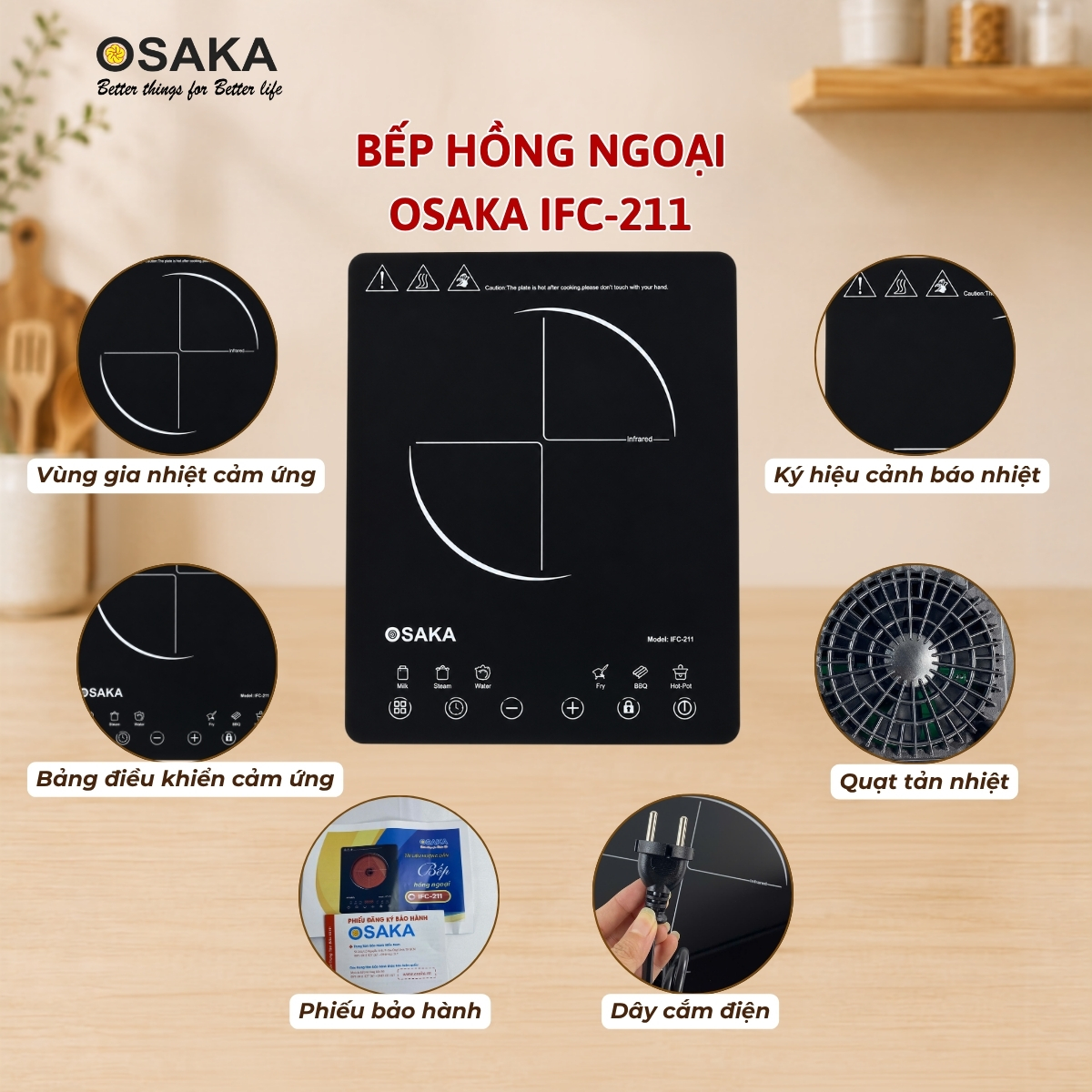 Bếp Hồng Ngoại Osaka IFC-211 Công Suất 2200W – 8 Mức Công Suất, 6 Chế Độ Nấu, Hẹn Giờ 4 Giờ, Khóa An Toàn