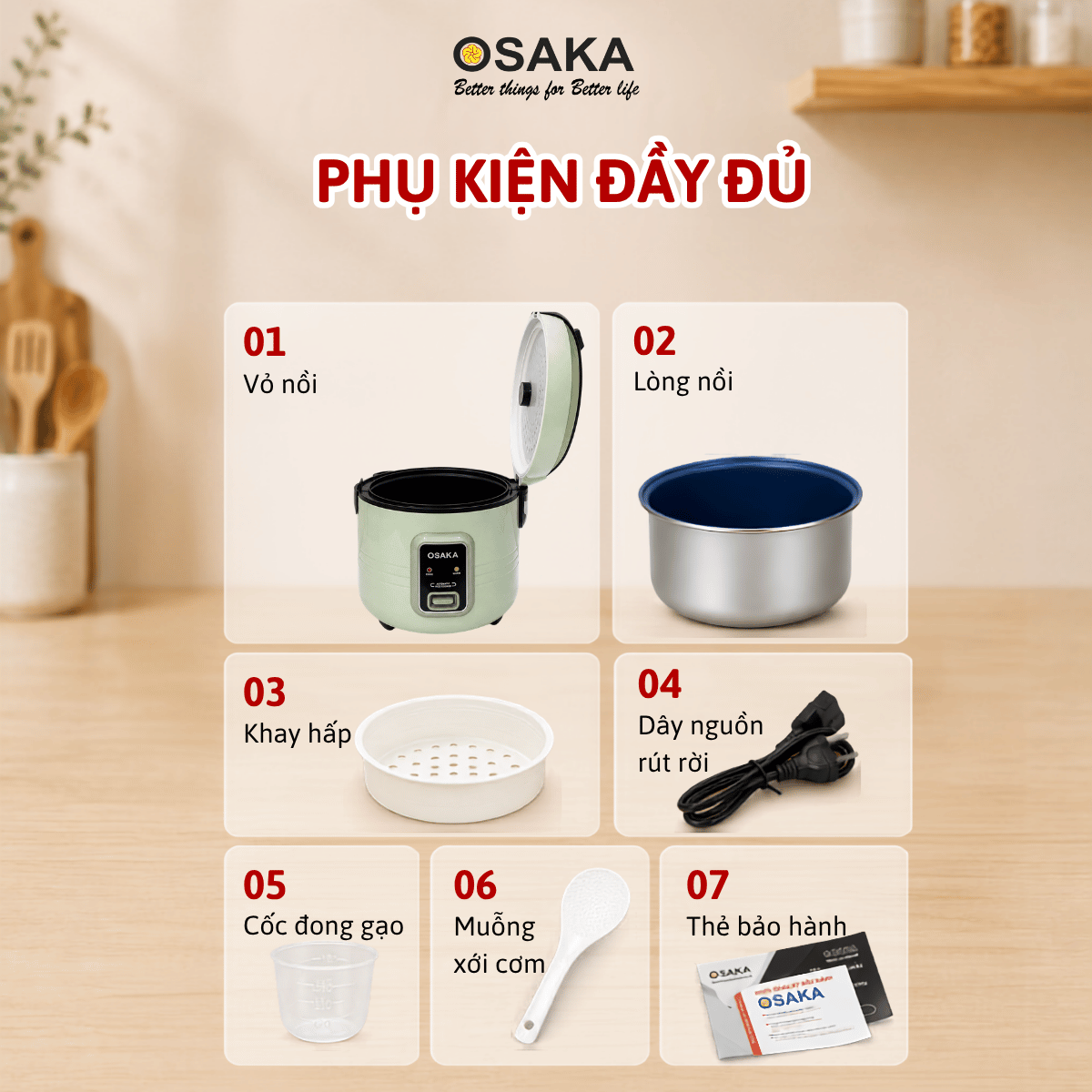 Nồi Cơm Điện OSAKA RC-18 Dung Tích 1.8L, Lòng Nồi Dập Tổ Ong Tráng Men Chống Dính, Tặng Kèm Khay Hấp