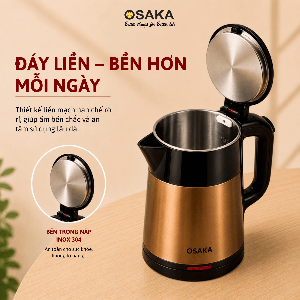 Ấm Đun Nước Siêu Tốc OSAKA KT-1822 Lòng Inox 304 – Dung Tích 1.8L, Đun Nóng Nhanh, Thân 2 Lớp Cách Nhiệt