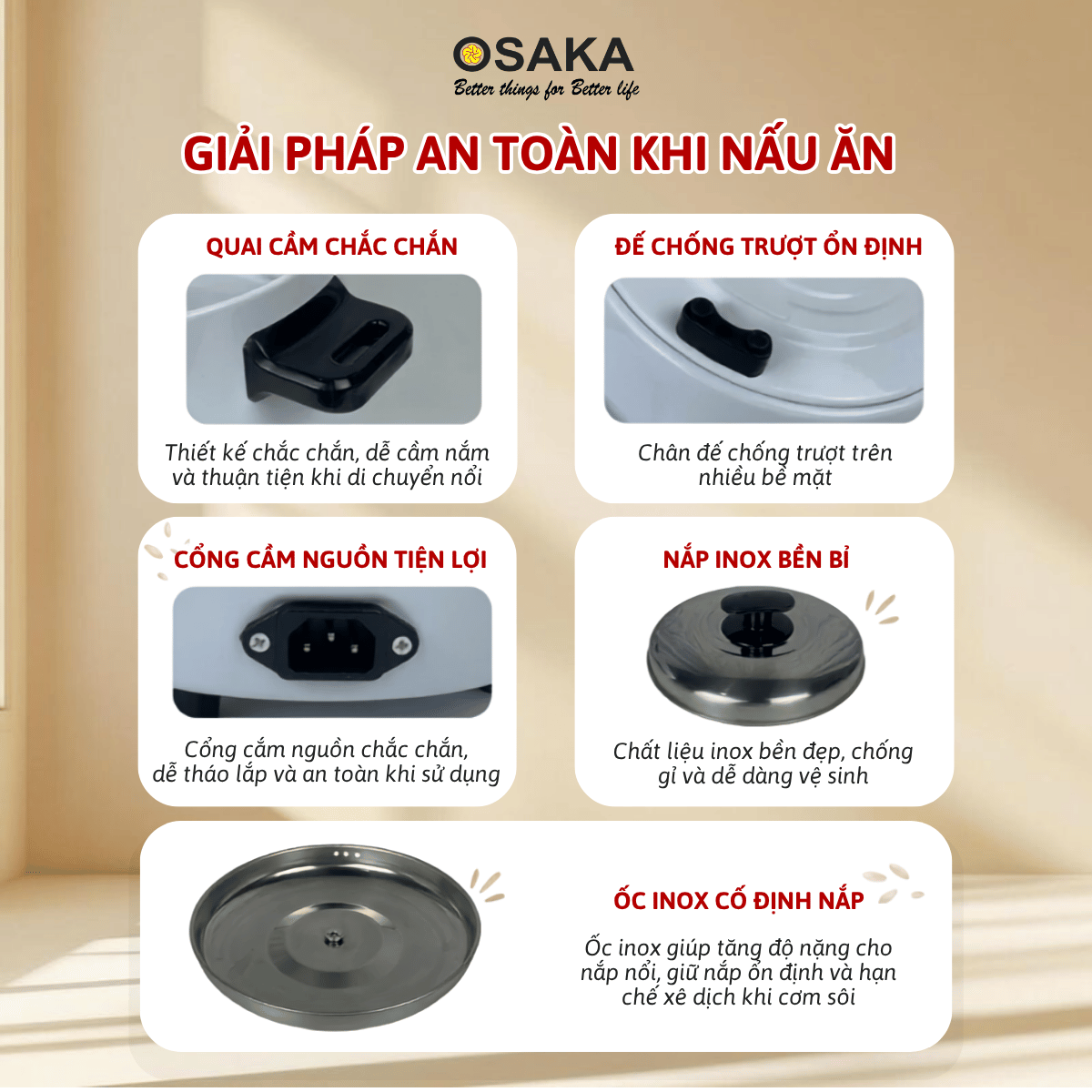 Nồi Cơm Điện Mini OSAKA RC-121 Dung Tích 1.0L Công Suất 400W Lòng Nồi Chống Dính Nắp Inox