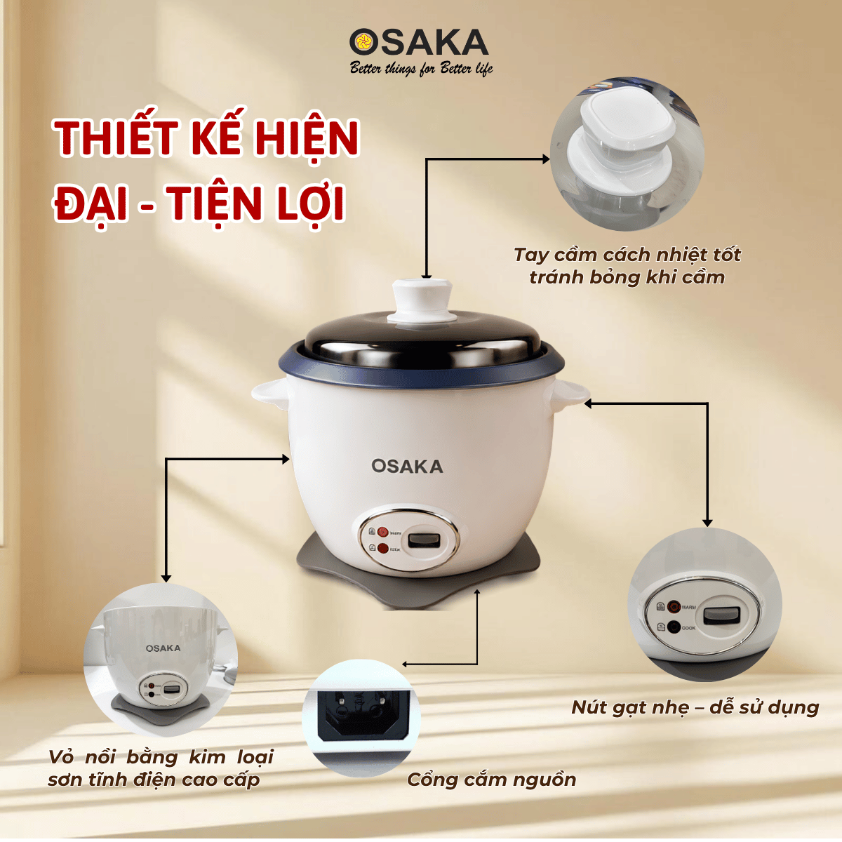 Nồi Cơm Điện Nắp Rời OSAKA RC-220R Dung Tích 2.2L - Công Suất 900W – Lòng Nồi Chống Dính – Nắp Inox 304