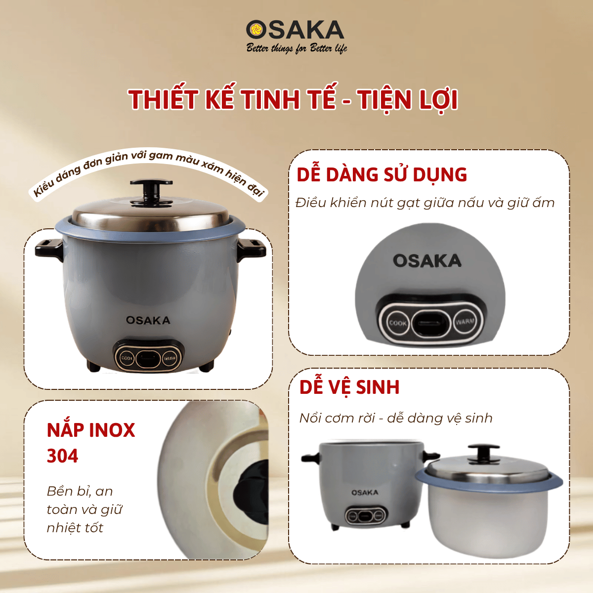 Nồi Cơm Điện OSAKA RC-181 Dung Tích 1.8L  Công Suất 700W - Lòng Nồi Chống Dính Nắp Inox 304