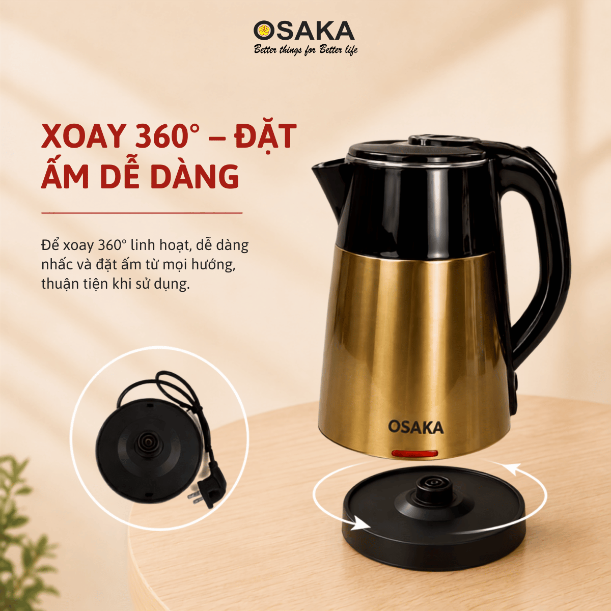 Ấm Đun Nước Siêu Tốc OSAKA KT-1822 Lòng Inox 304 – Dung Tích 1.8L, Đun Nóng Nhanh, Thân 2 Lớp Cách Nhiệt