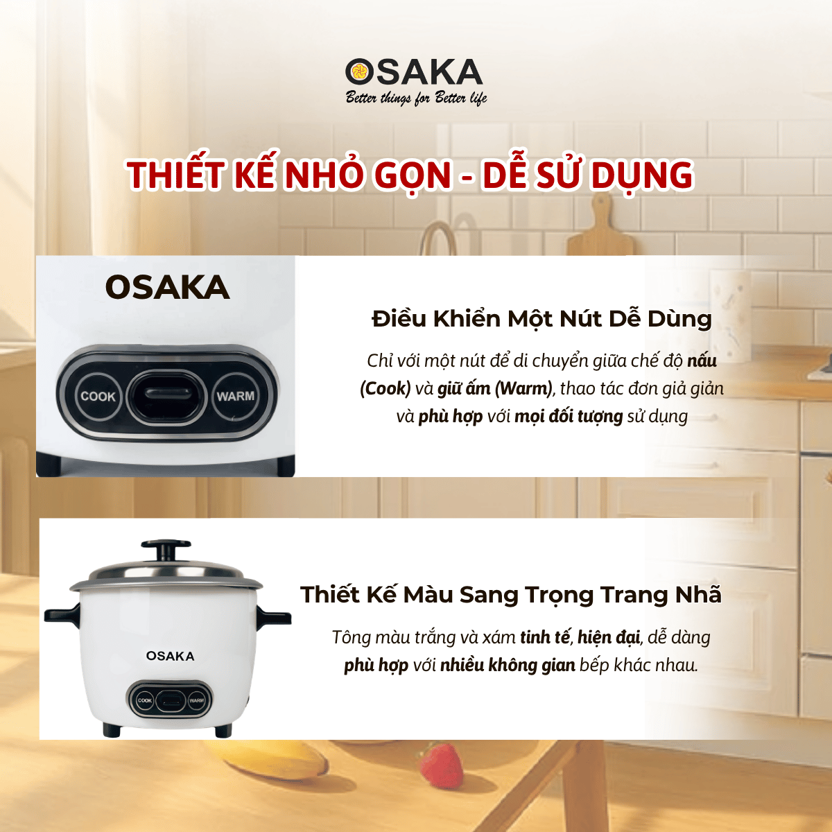 Nồi Cơm Điện Mini OSAKA RC-121 Dung Tích 1.0L Công Suất 400W Lòng Nồi Chống Dính Nắp Inox