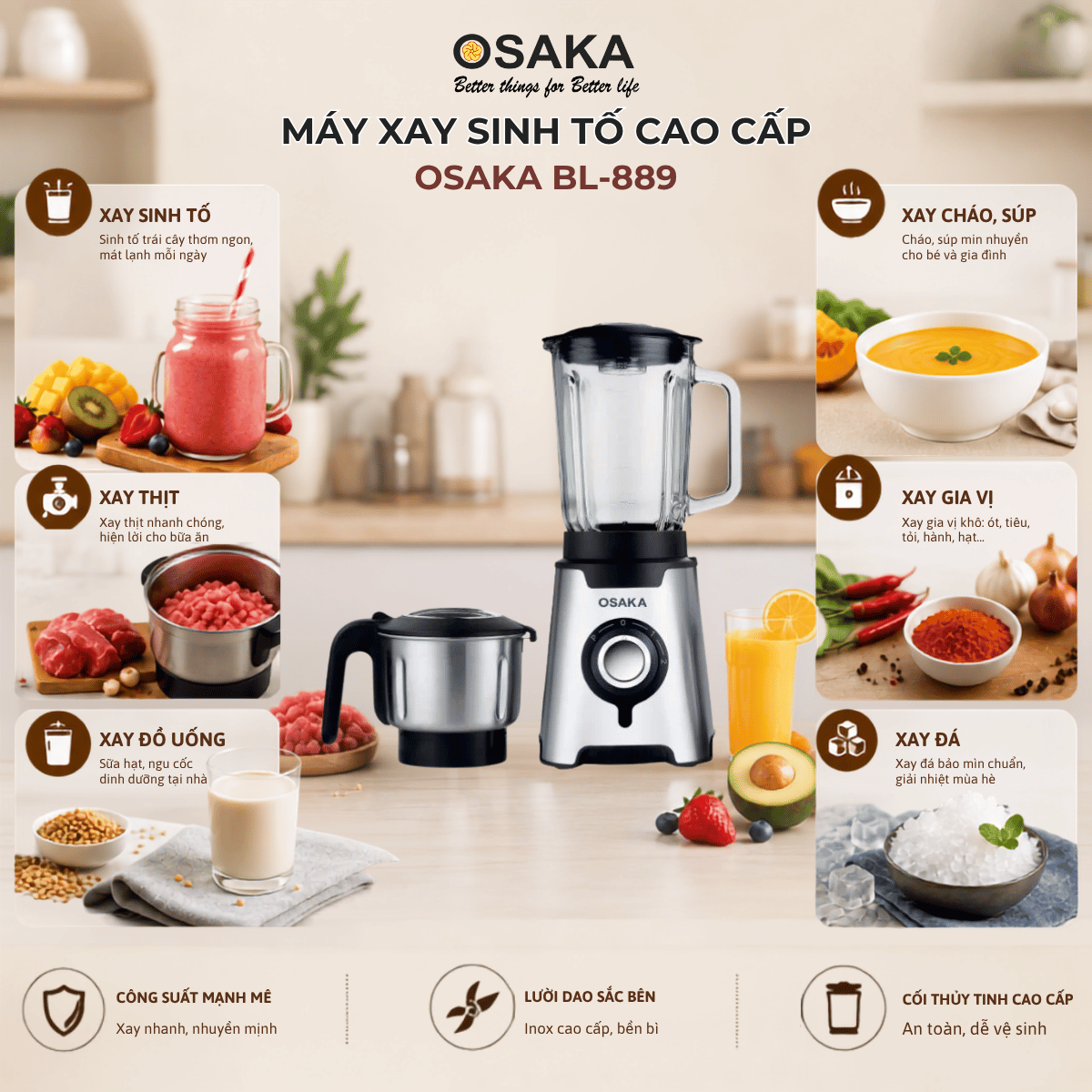 Máy Xay Sinh Tố Cao Cấp OSAKA BL-889 Dung Tích 1.5L -  Công Suất 600W - 2 Cối Đa Dụng