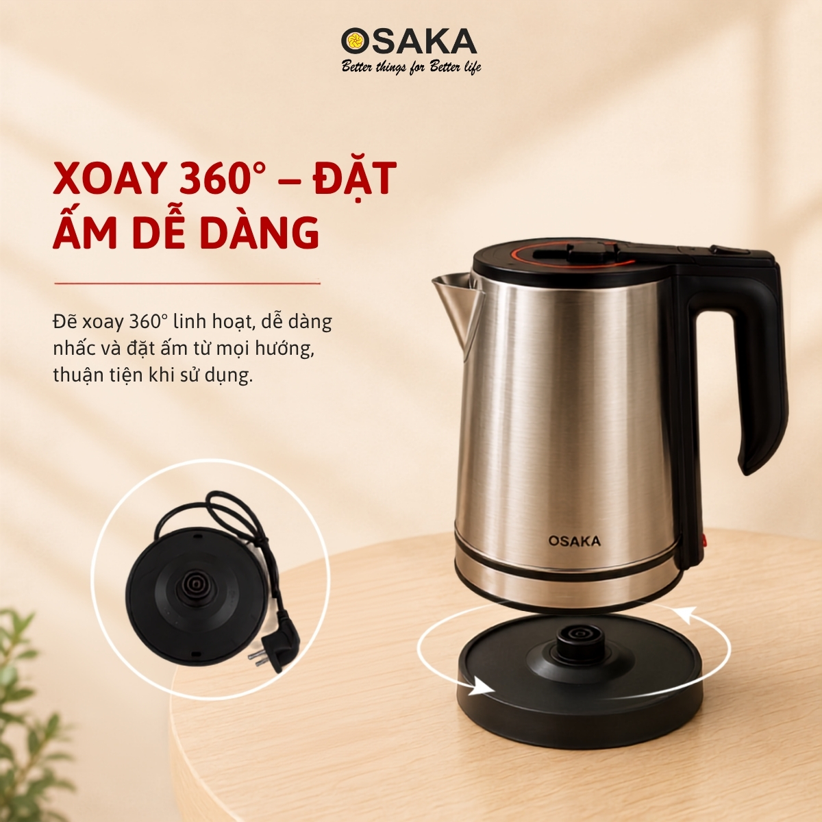 Ấm Đun Nước Siêu Tốc OSAKA KT-1820 Inox Mờ 304 – Dung Tích 1.8L, Công Suất 1500W, Lòng Inox 304
