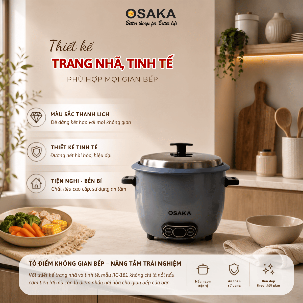 Nồi Cơm Điện OSAKA RC-181 Dung Tích 1.8L  Công Suất 700W - Lòng Nồi Chống Dính Nắp Inox 304