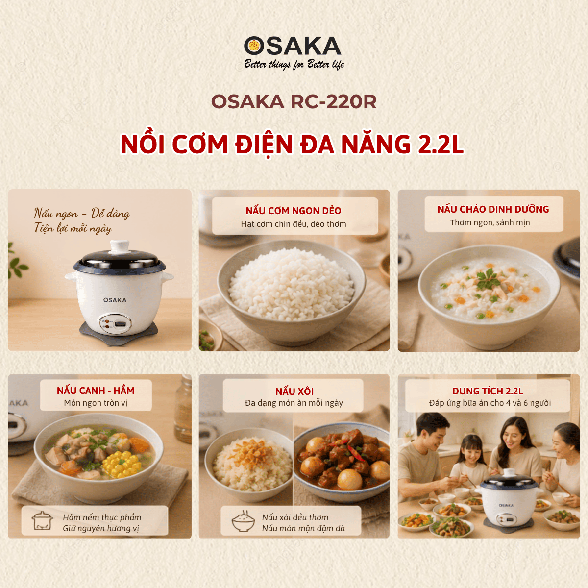 Nồi Cơm Điện Nắp Rời OSAKA RC-220R Dung Tích 2.2L - Công Suất 900W – Lòng Nồi Chống Dính – Nắp Inox 304