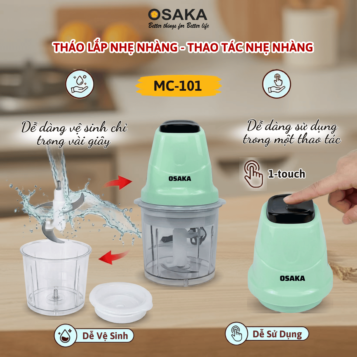 Máy Xay Thịt Mini Đa Năng OSAKA MC-101 Dung Tích 0.7L Công Suất 200W - Cối Nhựa Chống Vỡ