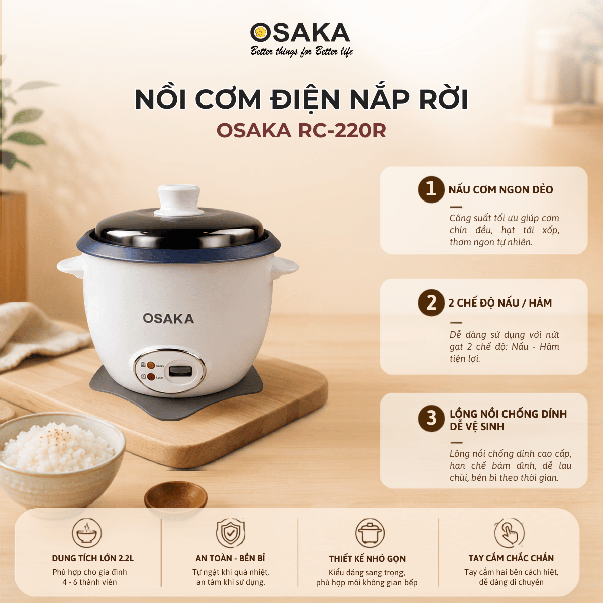 Nồi Cơm Điện Nắp Rời OSAKA RC-220R Dung Tích 2.2L - Công Suất 900W – Lòng Nồi Chống Dính – Nắp Inox 304