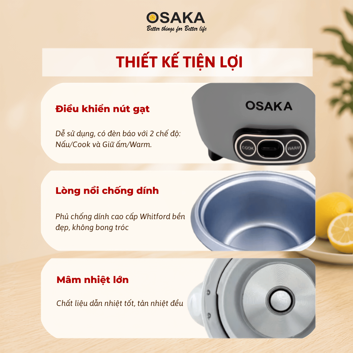 Nồi Cơm Điện OSAKA RC-181 Dung Tích 1.8L  Công Suất 700W - Lòng Nồi Chống Dính Nắp Inox 304