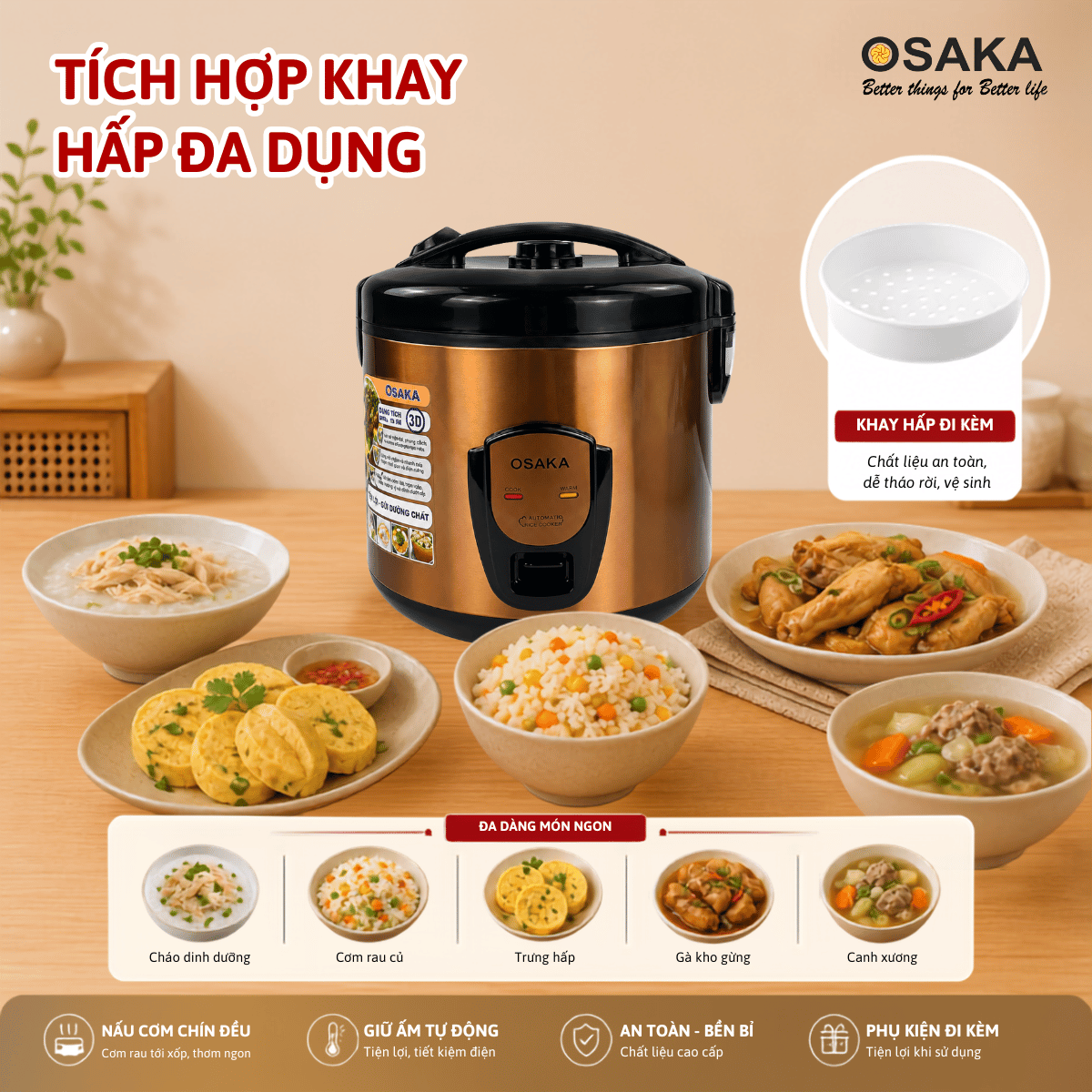 Nồi Cơm Điện OSAKA RC-318P Dung Tích 1.8L, Công Nghệ Nấu 3D, Lòng Nồi Dập Tổ Ong - Tráng Men Chống Dính