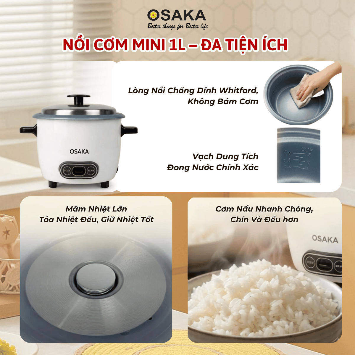 Nồi Cơm Điện Mini OSAKA RC-121 Dung Tích 1.0L Công Suất 400W Lòng Nồi Chống Dính Nắp Inox