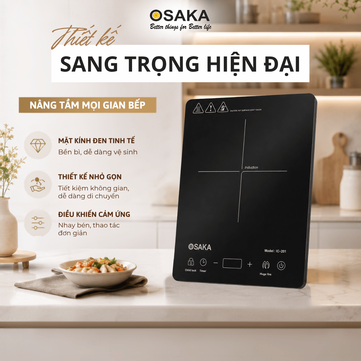Bếp Từ OSAKA IC-201 2100W – Siêu Mỏng, Cảm Ứng, Cuộn Dây Đồng 2 Lớp, Tự Ngắt Khi Nhấc Nồi, Khóa An Toàn