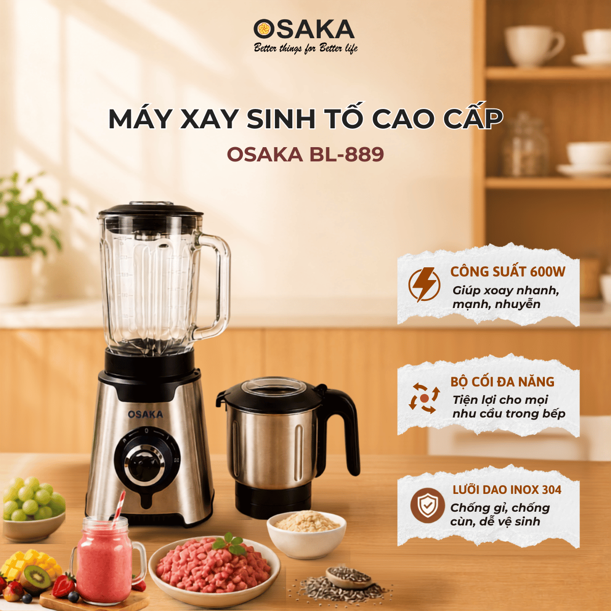 Máy Xay Sinh Tố Cao Cấp OSAKA BL-889 Dung Tích 1.5L -  Công Suất 600W - 2 Cối Đa Dụng