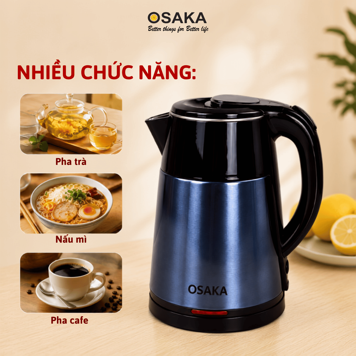 Ấm Đun Nước Siêu Tốc OSAKA KT-1822 Lòng Inox 304 – Dung Tích 1.8L, Đun Nóng Nhanh, Thân 2 Lớp Cách Nhiệt