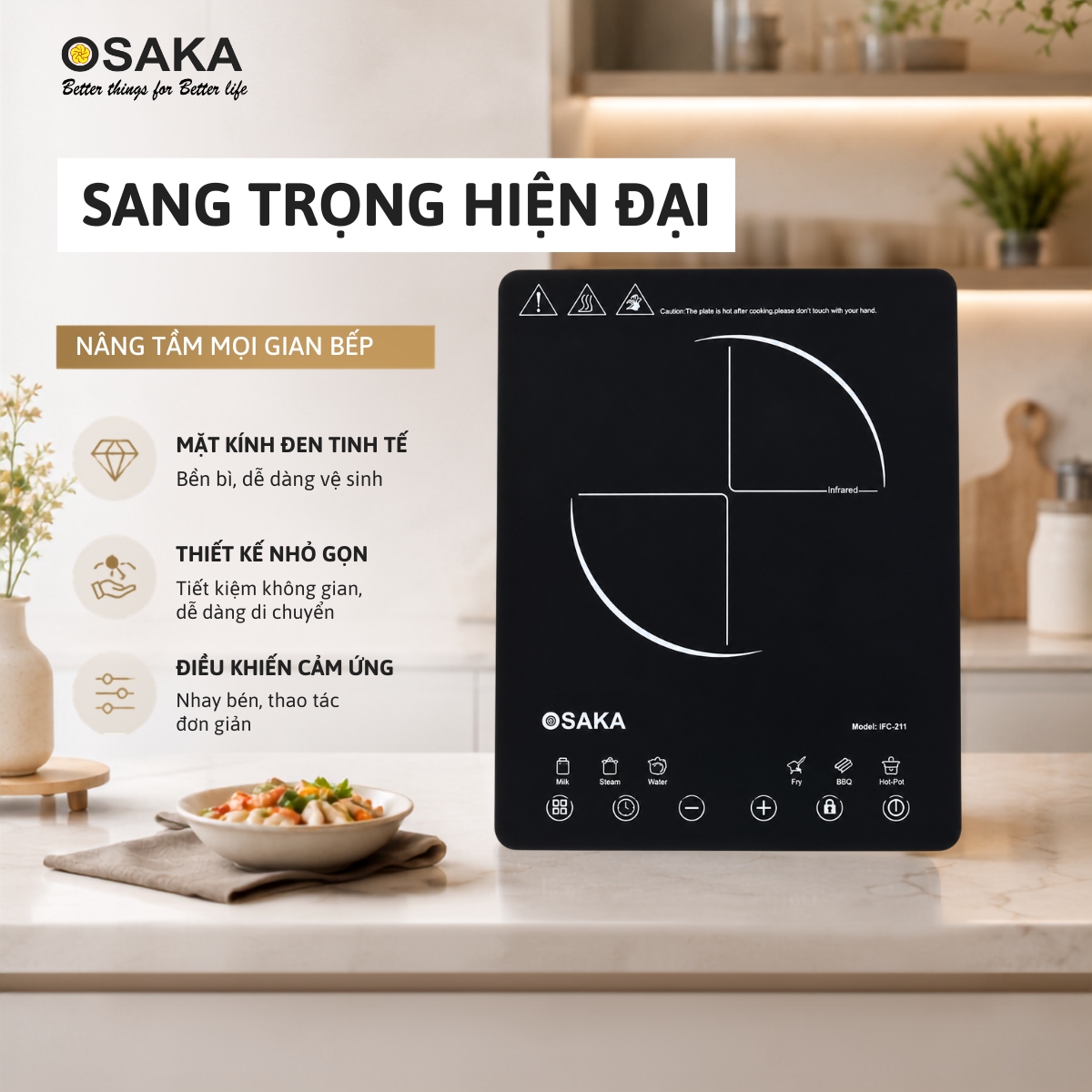 Bếp Hồng Ngoại Osaka IFC-211 Công Suất 2200W – 8 Mức Công Suất, 6 Chế Độ Nấu, Hẹn Giờ 4 Giờ, Khóa An Toàn