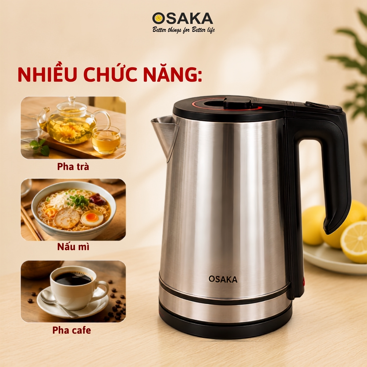 Ấm Đun Nước Siêu Tốc OSAKA KT-1820 Inox Mờ 304 – Dung Tích 1.8L, Công Suất 1500W, Lòng Inox 304