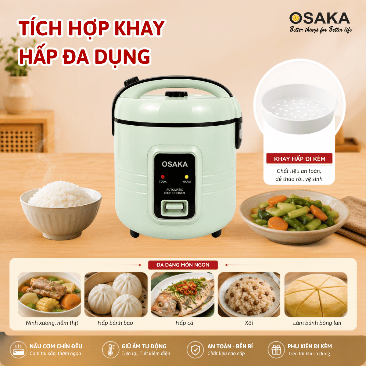 Nồi Cơm Điện OSAKA RC-18 Dung Tích 1.8L, Lòng Nồi Dập Tổ Ong Tráng Men Chống Dính, Tặng Kèm Khay Hấp