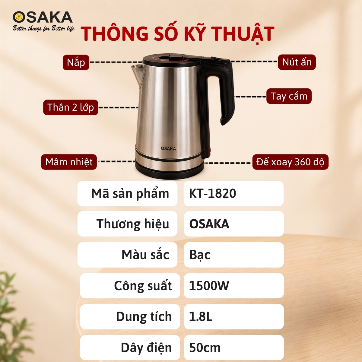 Ấm Đun Nước Siêu Tốc OSAKA KT-1820 Inox Mờ 304 – Dung Tích 1.8L, Công Suất 1500W, Lòng Inox 304