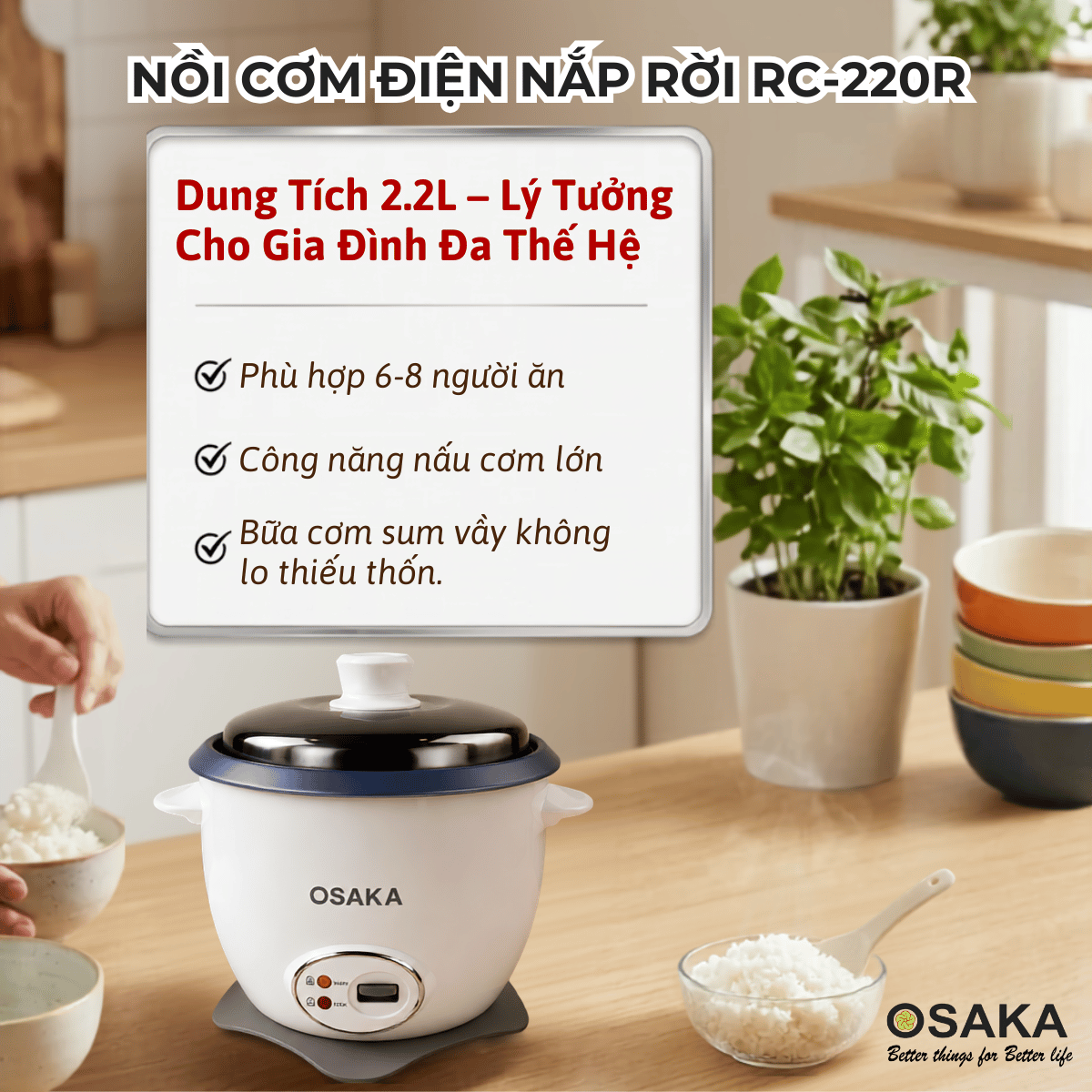 Nồi Cơm Điện Nắp Rời OSAKA RC-220R Dung Tích 2.2L - Công Suất 900W – Lòng Nồi Chống Dính – Nắp Inox 304