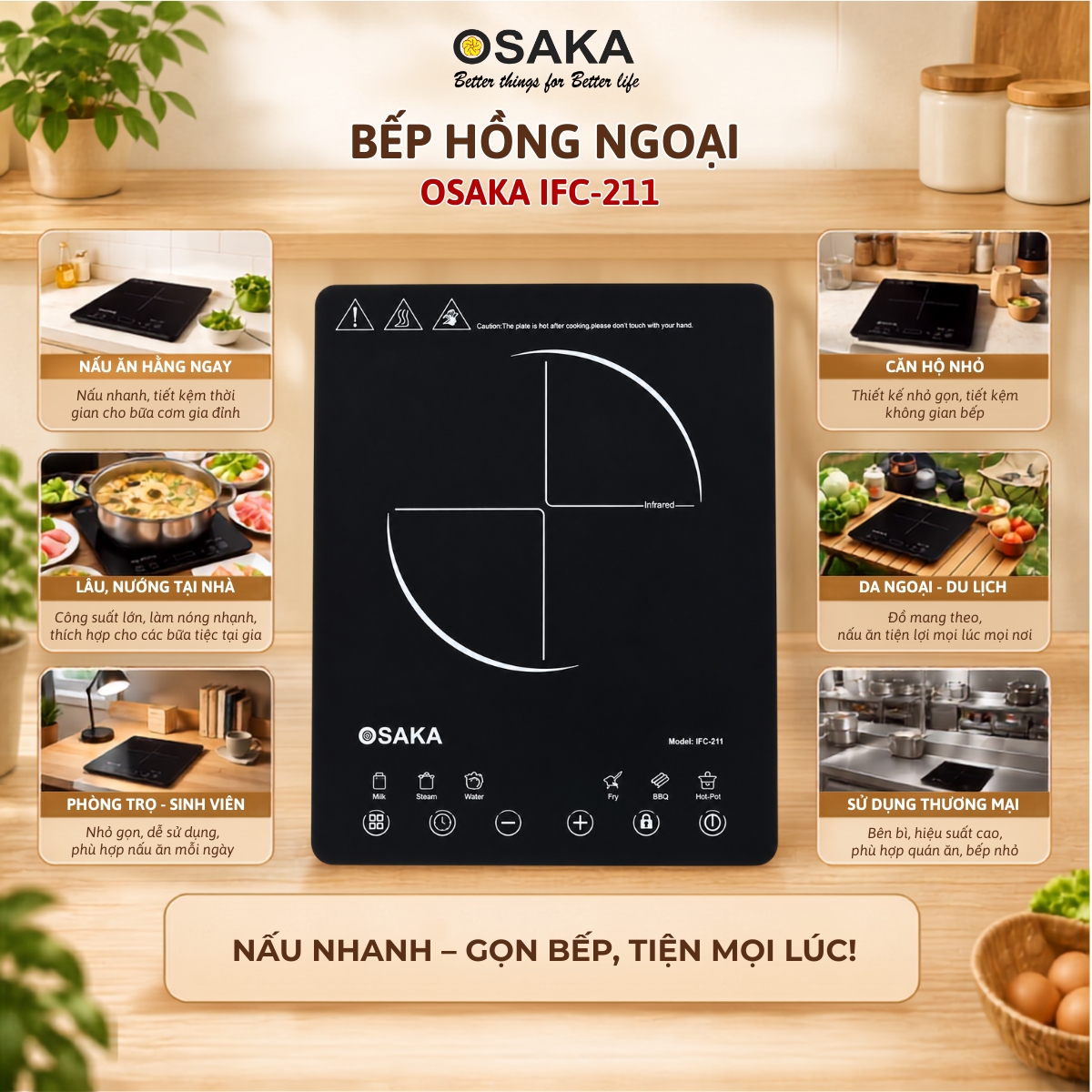 Bếp Hồng Ngoại Osaka IFC-211 Công Suất 2200W – 8 Mức Công Suất, 6 Chế Độ Nấu, Hẹn Giờ 4 Giờ, Khóa An Toàn