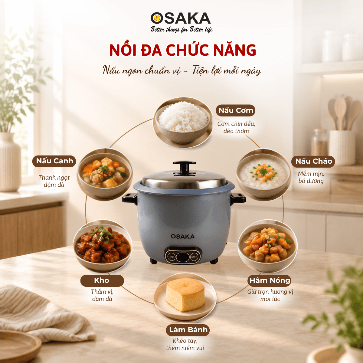 Nồi Cơm Điện OSAKA RC-181 Dung Tích 1.8L  Công Suất 700W - Lòng Nồi Chống Dính Nắp Inox 304