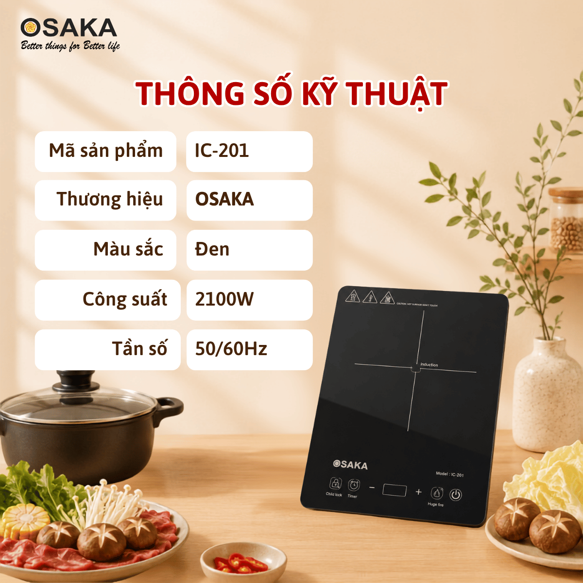 Bếp Từ OSAKA IC-201 2100W – Siêu Mỏng, Cảm Ứng, Cuộn Dây Đồng 2 Lớp, Tự Ngắt Khi Nhấc Nồi, Khóa An Toàn