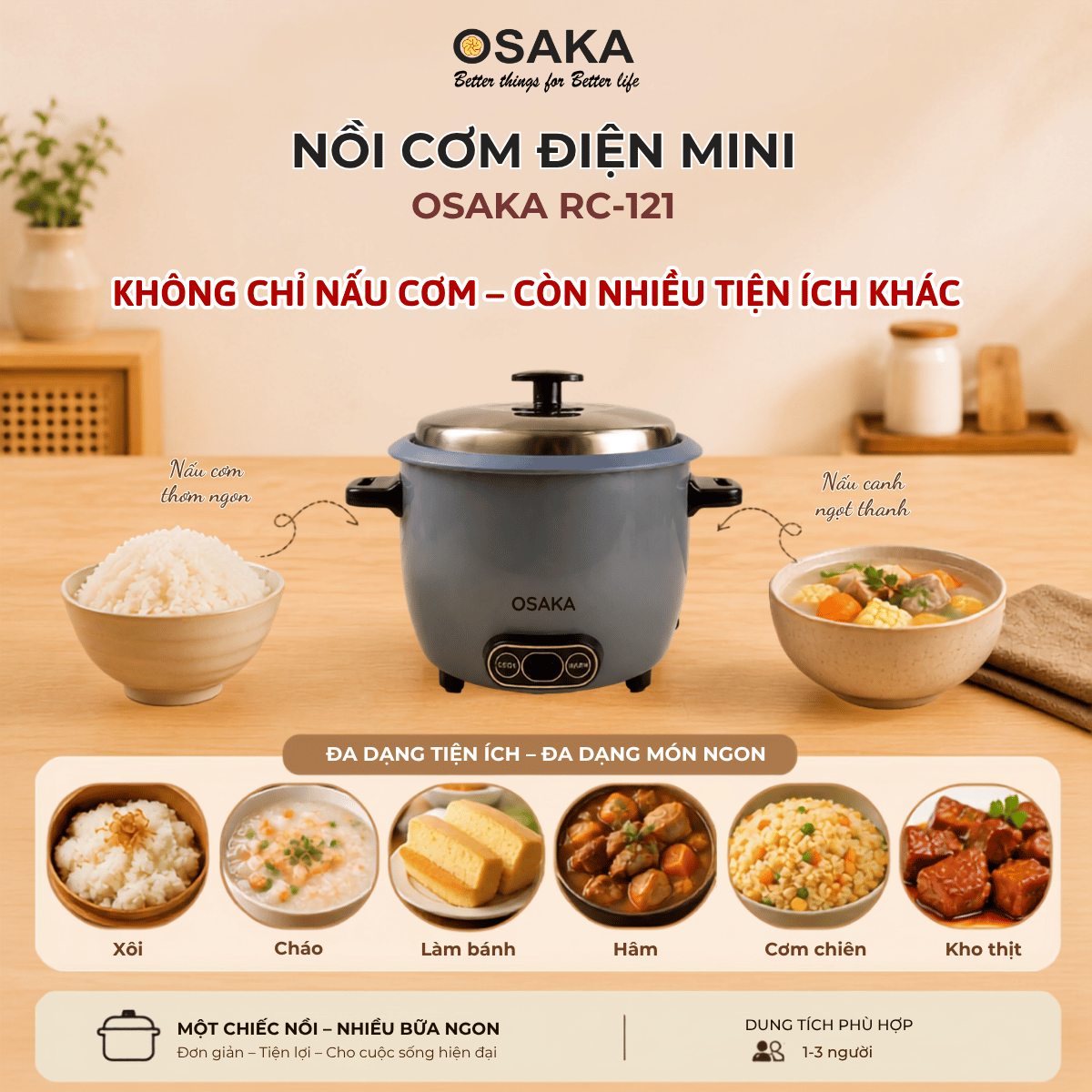 Nồi Cơm Điện Mini OSAKA RC-121 Dung Tích 1.0L Công Suất 400W Lòng Nồi Chống Dính Nắp Inox