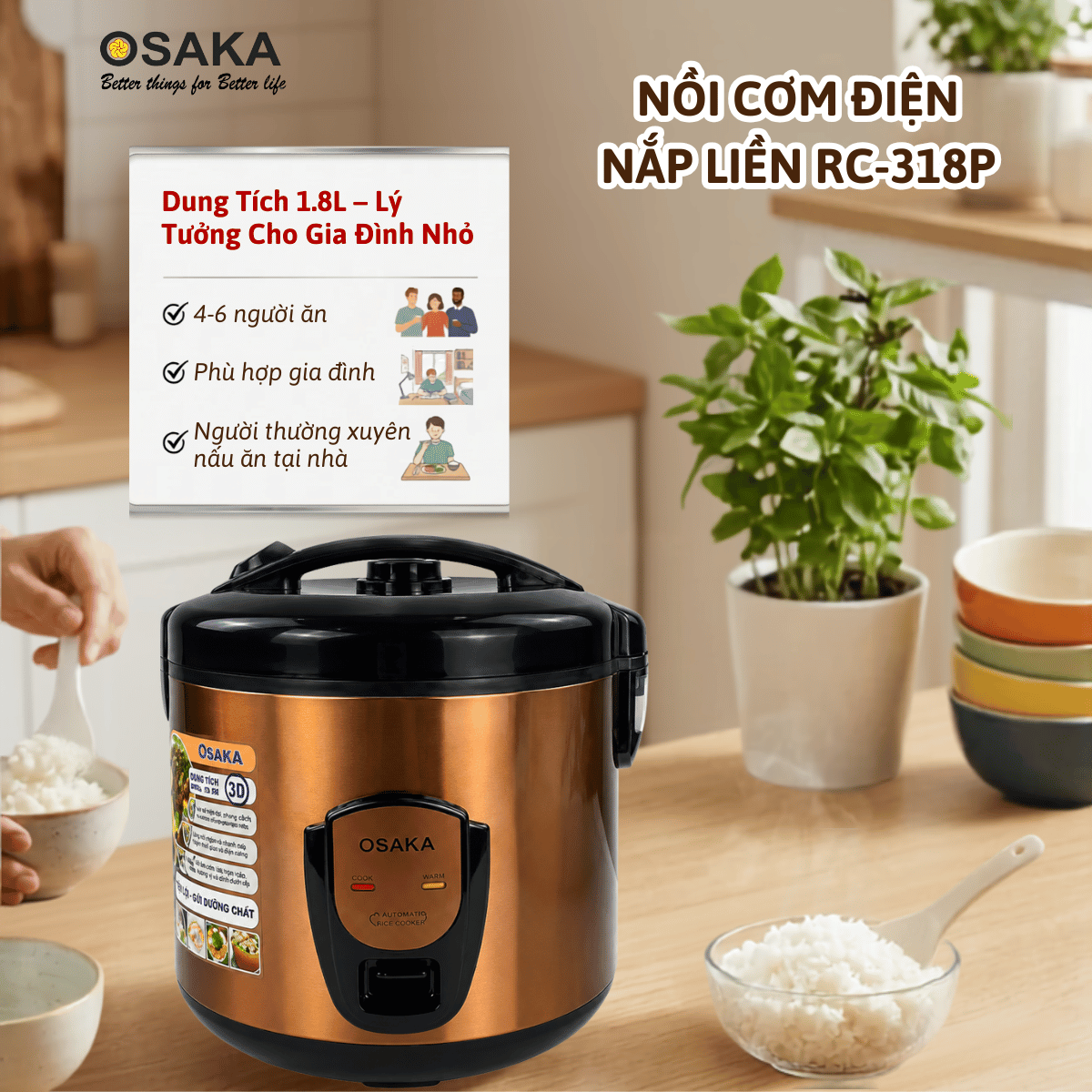 Nồi Cơm Điện OSAKA RC-318P Dung Tích 1.8L, Công Nghệ Nấu 3D, Lòng Nồi Dập Tổ Ong - Tráng Men Chống Dính