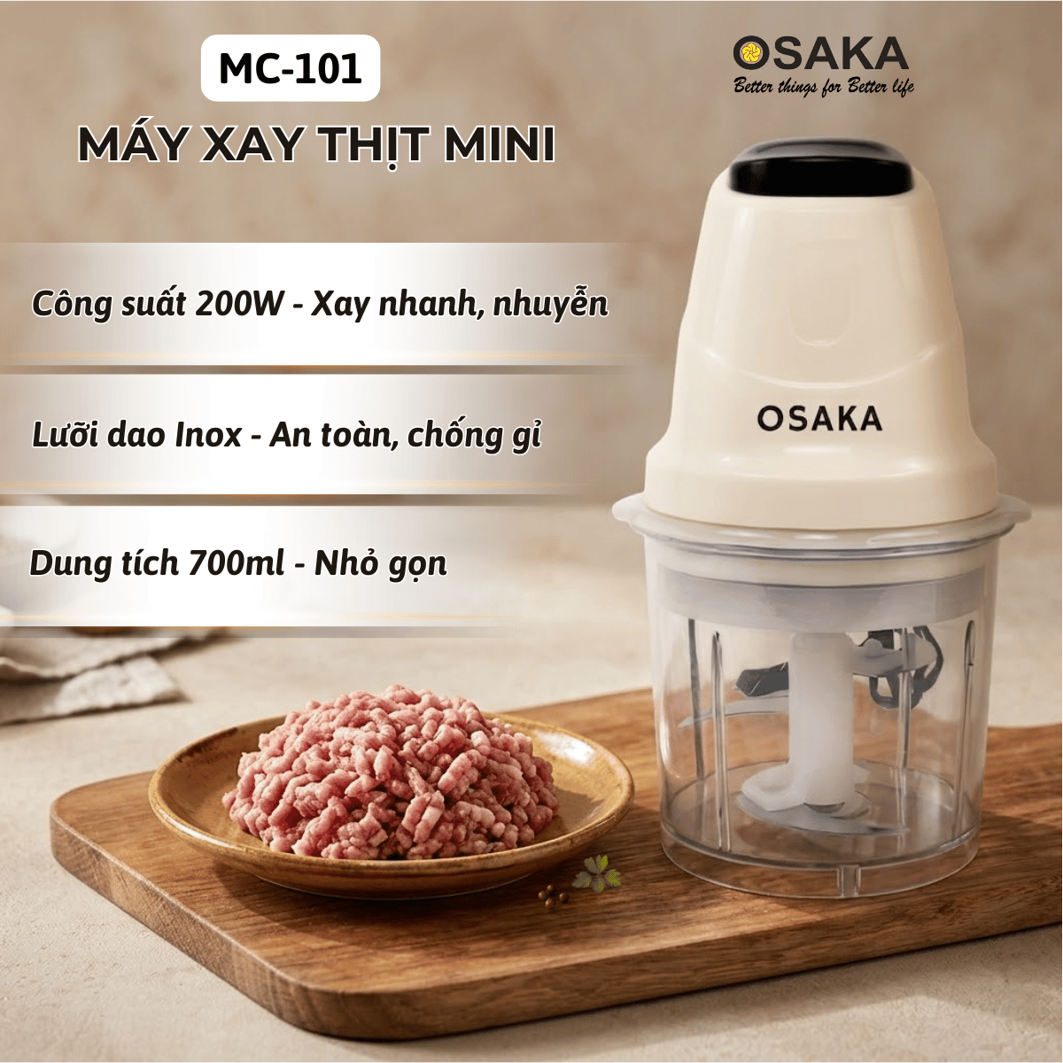 Máy Xay Thịt Mini Đa Năng OSAKA MC-101 Dung Tích 0.7L Công Suất 200W - Cối Nhựa Chống Vỡ