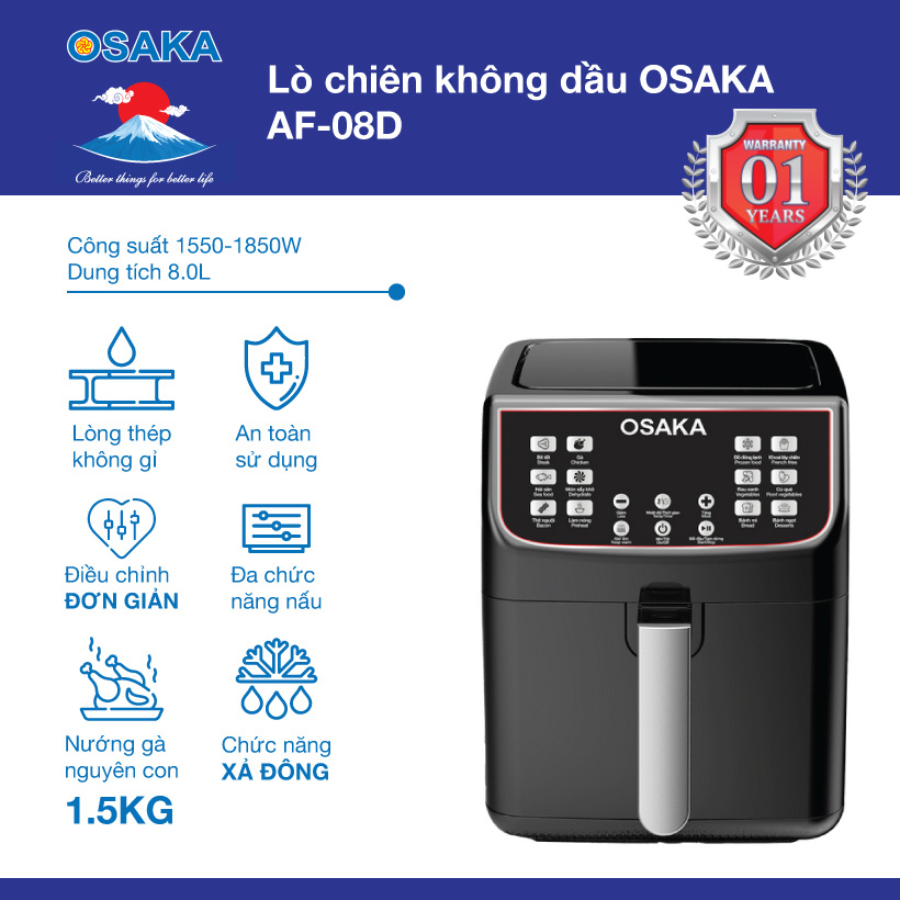 Lò chiên không dầu Osaka AF08D - Siêu to khổng lồ, nướng nguyên con gà 1.5 kg