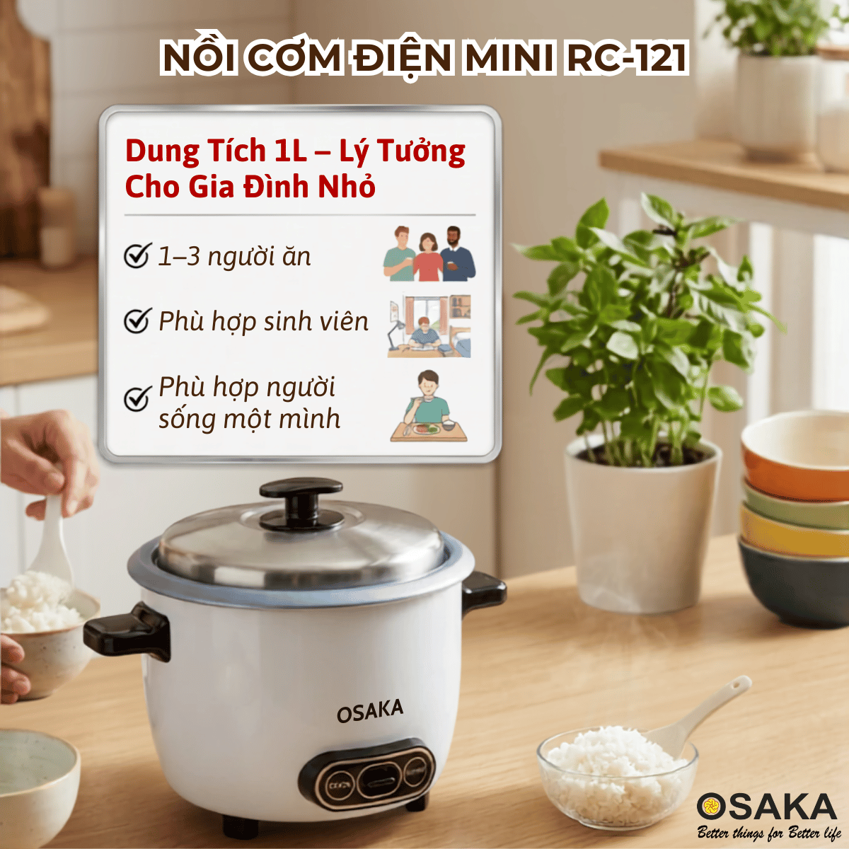 Nồi Cơm Điện Mini OSAKA RC-121 Dung Tích 1.0L Công Suất 400W Lòng Nồi Chống Dính Nắp Inox