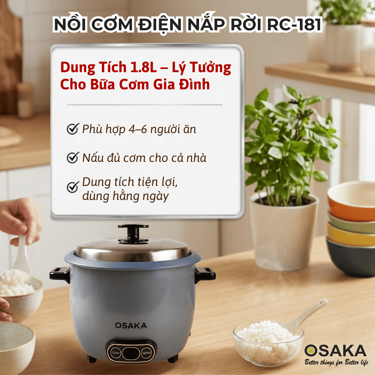 Nồi Cơm Điện OSAKA RC-181 Dung Tích 1.8L  Công Suất 700W - Lòng Nồi Chống Dính Nắp Inox 304