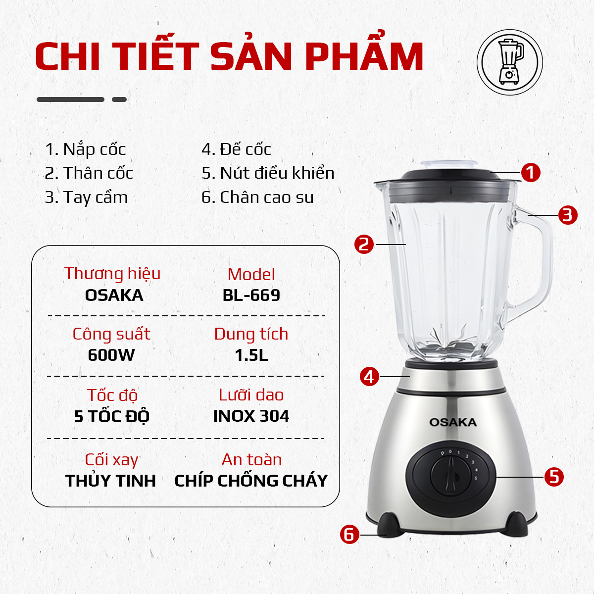 Máy xay sinh tố Osaka BL-669 _ Dung tích 1.5L _ Chính hãng Osaka Việt Nam