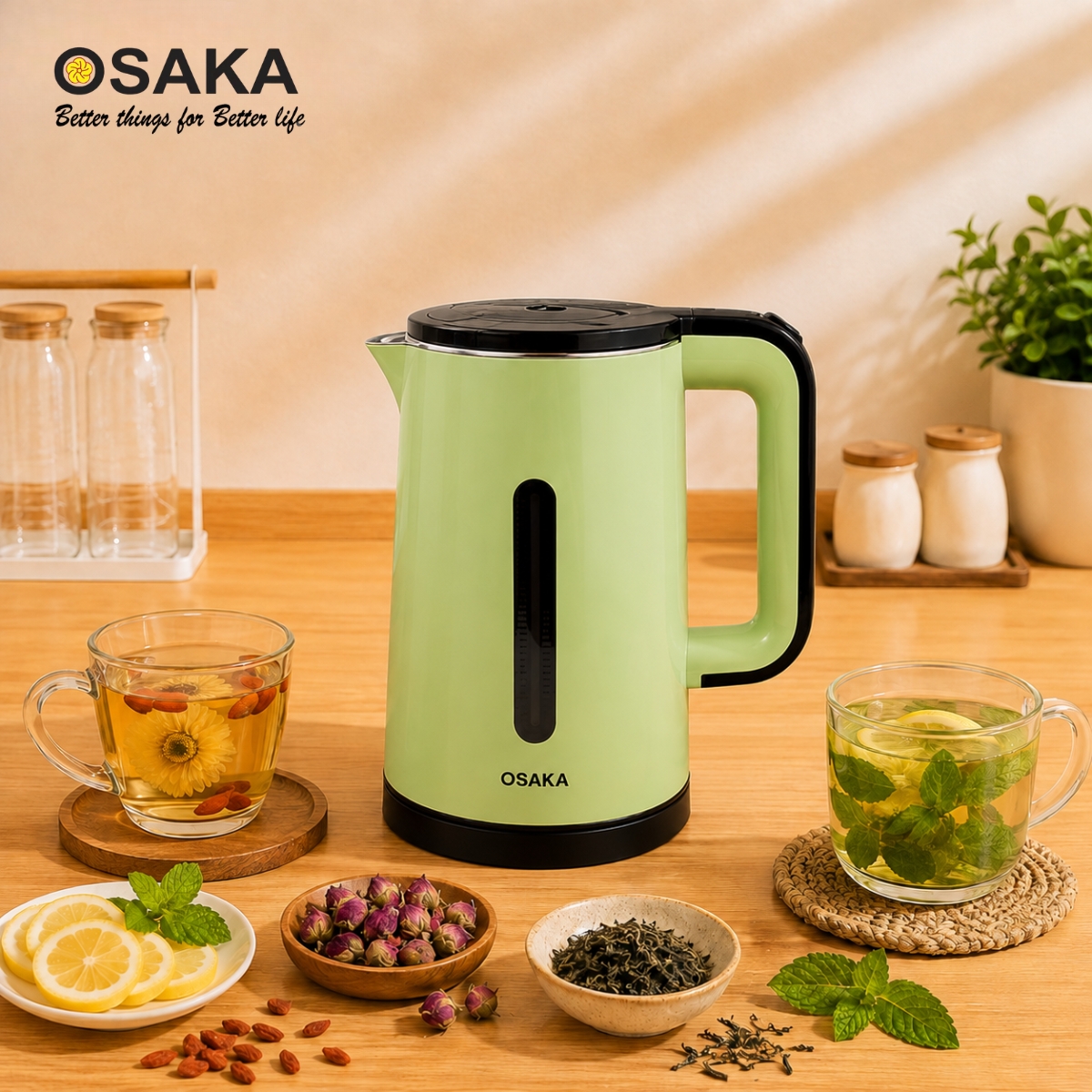 Ấm Đun Nước OSAKA KT-1818 Dung Tích 1.8L, Công Suất 1500W - Lòng Inox 304 - Nhựa 2 Lớp Cách Nhiệt