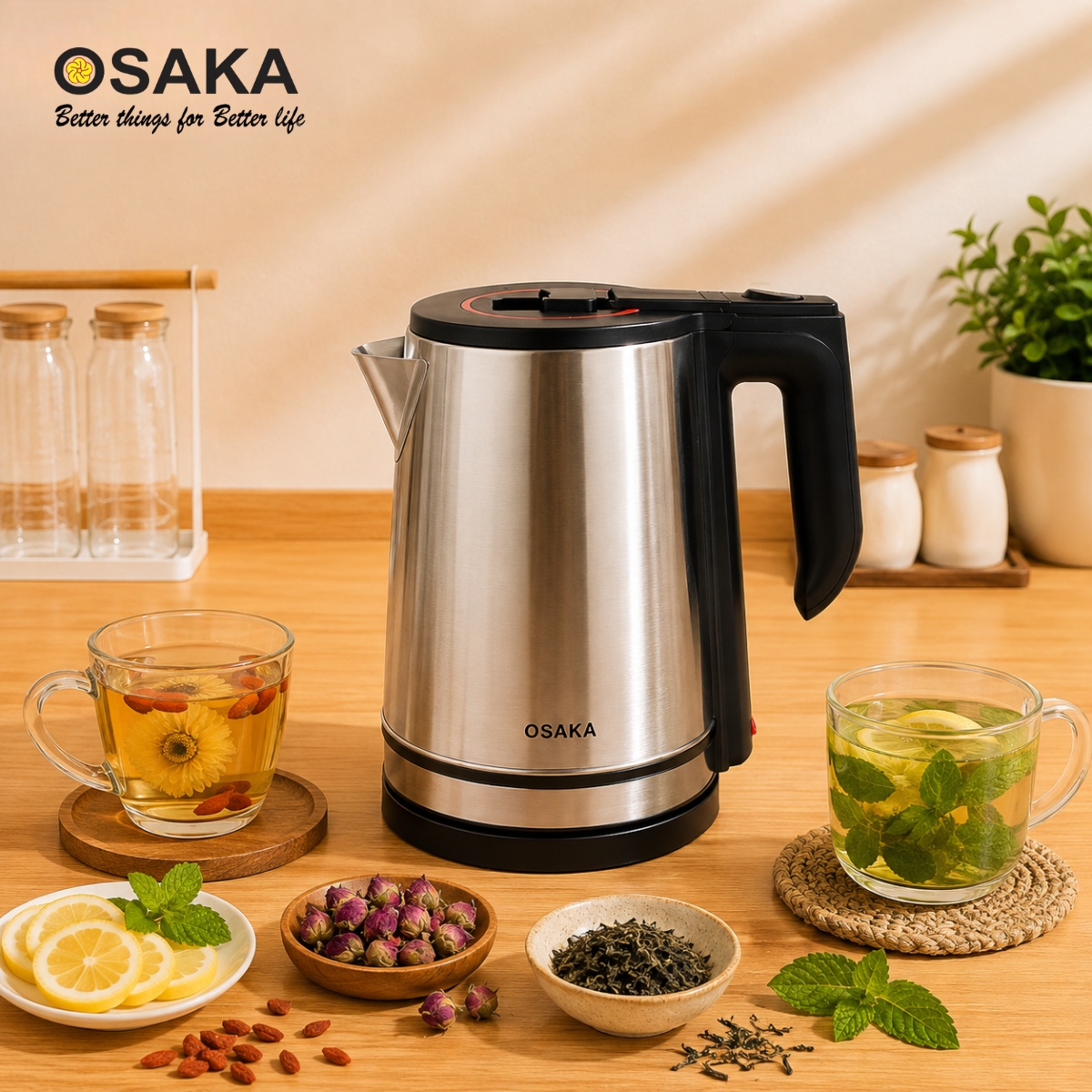 Ấm Đun Nước Siêu Tốc OSAKA KT-1820 Inox Mờ 304 – Dung Tích 1.8L, Công Suất 1500W, Lòng Inox 304