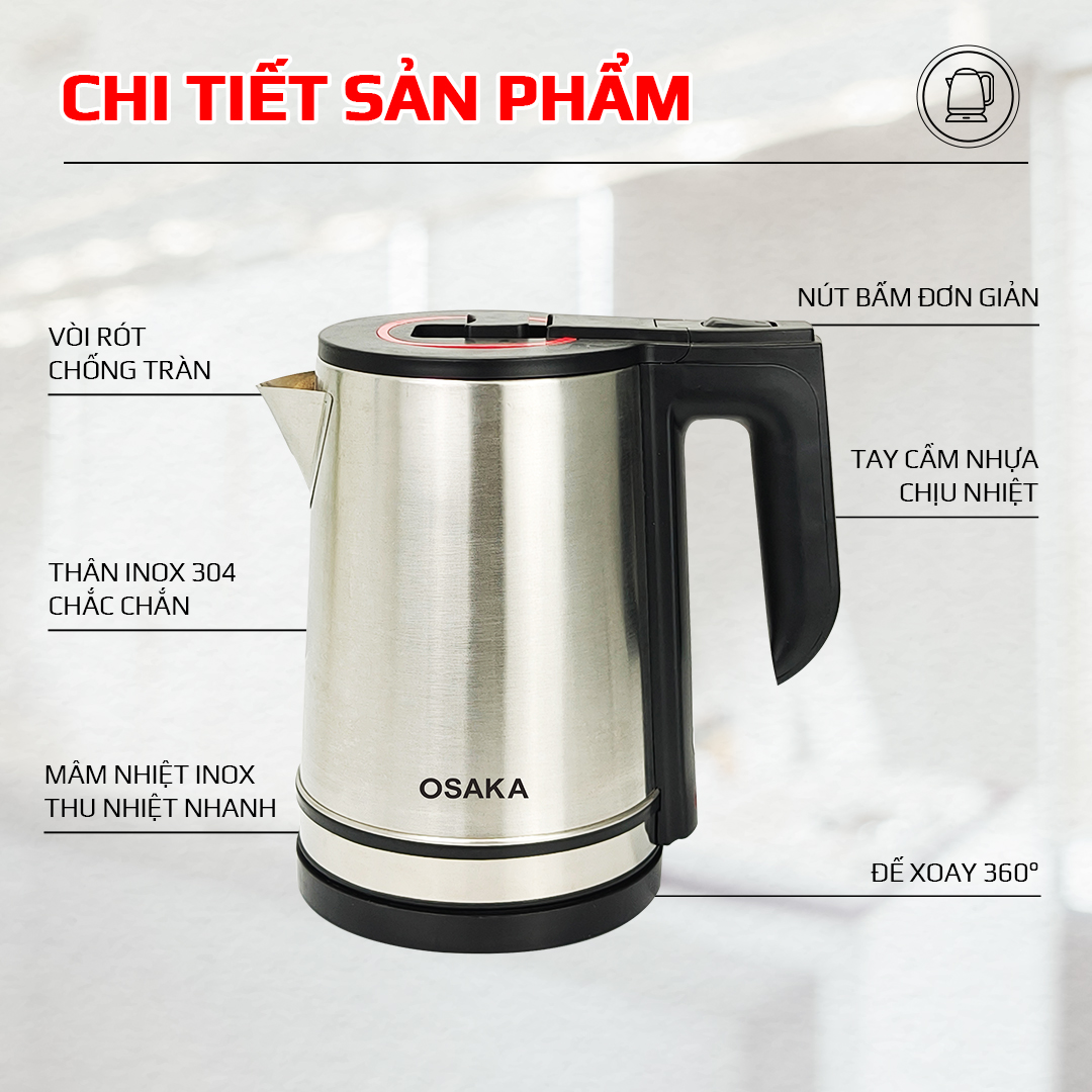 BÌNH ĐUN SIÊU TỐC INOX MỜ 304_ Osaka KT-1820_1.8 Lít