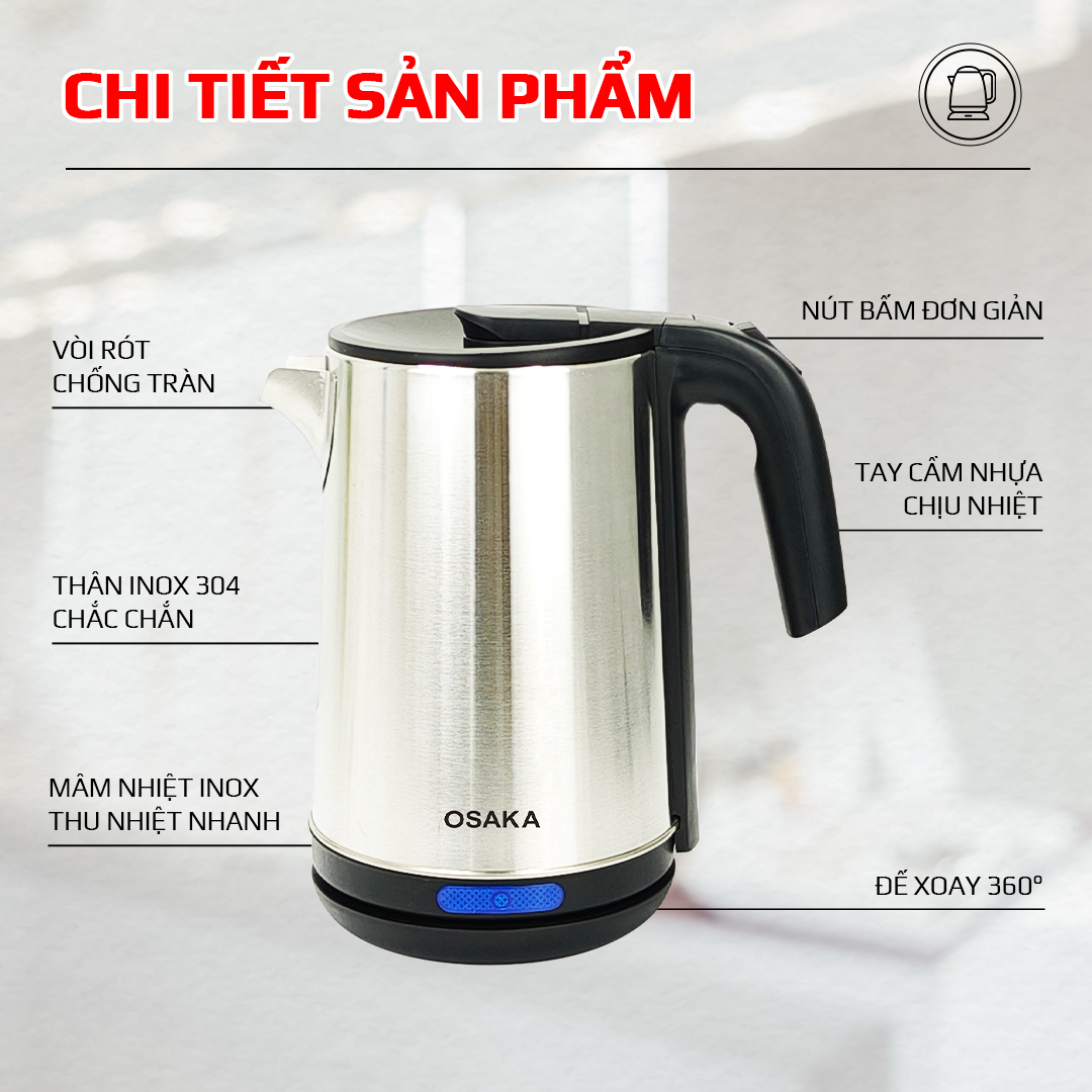 BÌNH ĐUN SIÊU TỐC INOX MỜ 304_ Osaka KT-2000_ 2 lít