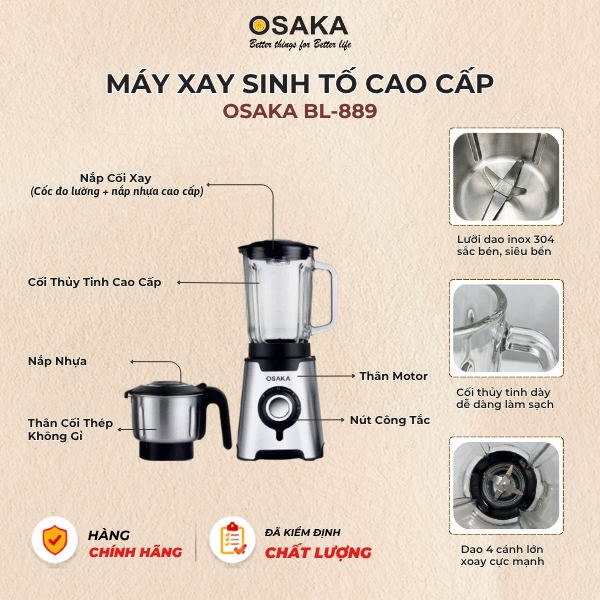 Máy Xay Sinh Tố Cao Cấp OSAKA BL-889 Dung Tích 1.5L -  Công Suất 600W - 2 Cối Đa Dụng