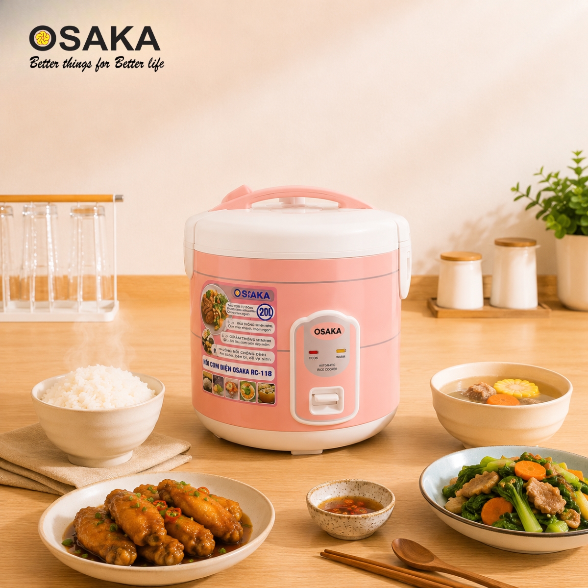 Nồi Cơm Điện OSAKA RC-118T Dung Tích 1.8L - Mâm Nhiệt Lớn - Tráng Men Chống Dính - Tặng Kèm Khay Hấp