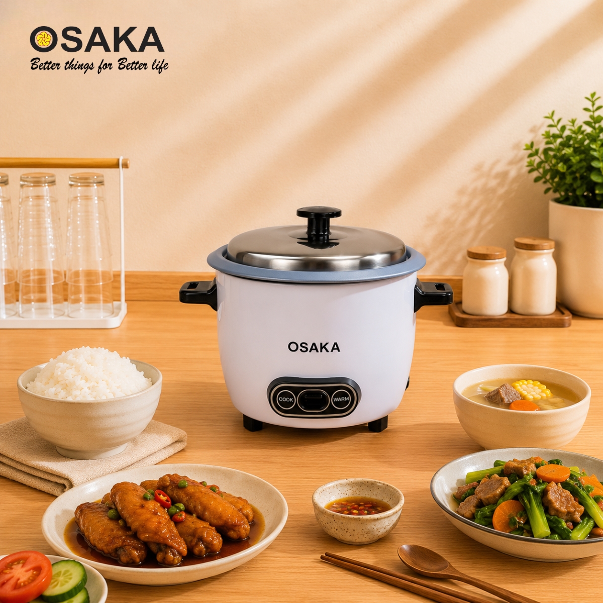 Nồi Cơm Điện Mini OSAKA RC-121 Dung Tích 1.0L Công Suất 400W Lòng Nồi Chống Dính Nắp Inox
