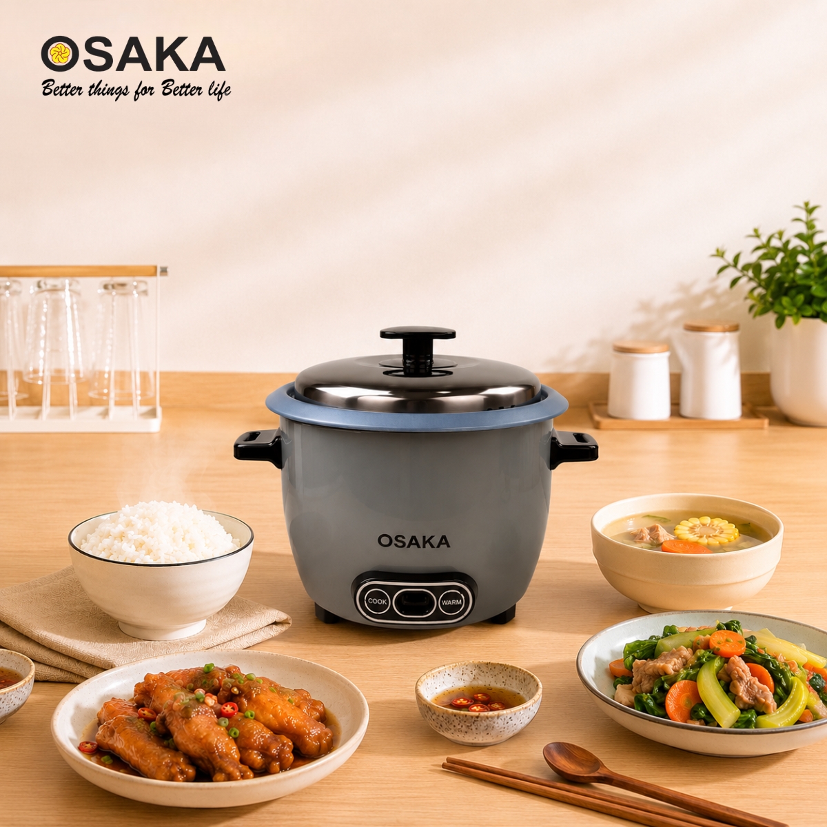 Nồi Cơm Điện Mini OSAKA RC-121 Dung Tích 1.0L Công Suất 400W Lòng Nồi Chống Dính Nắp Inox