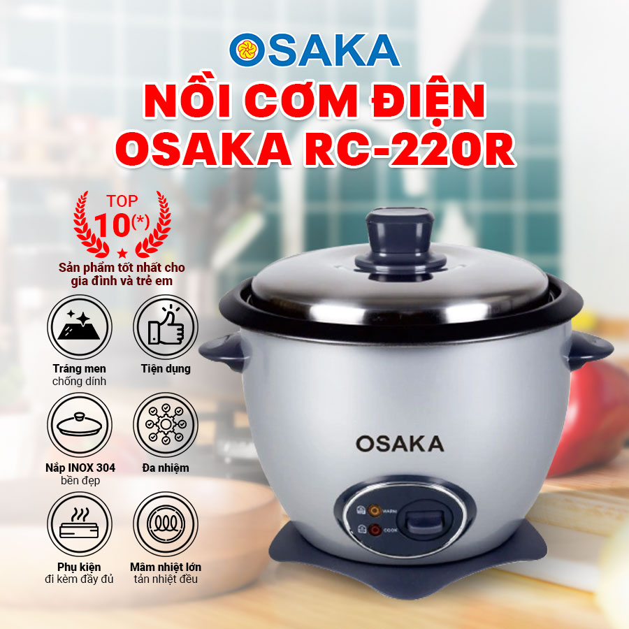 Nồi cơm điện Osaka RC220R(Màu Xám Phong Cách)  - Nấu cơm không phân biệt mọi loại gạo