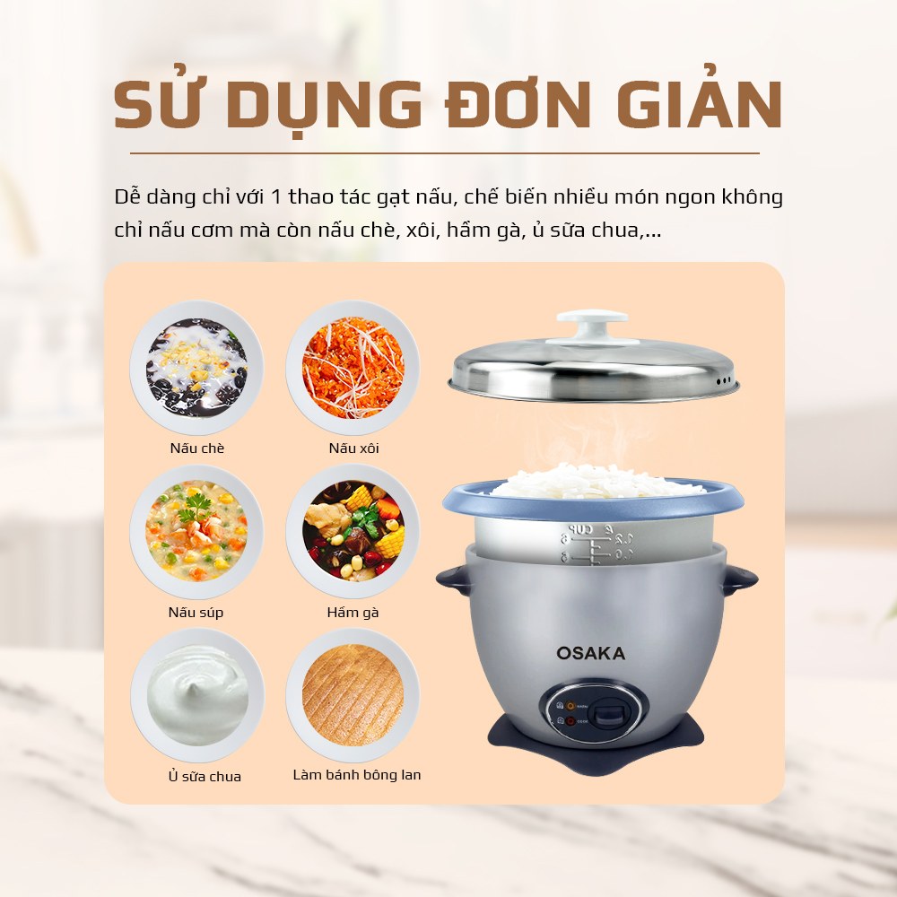 Nồi cơm điện Osaka RC220R(Màu Xám Phong Cách)  - Nấu cơm không phân biệt mọi loại gạo