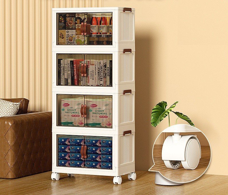 Tủ Nhựa đựng đồ đa năng, 3,4,5 tầng Gấp Gọn Có bánh xe 360° cửa mở bằng nam châm