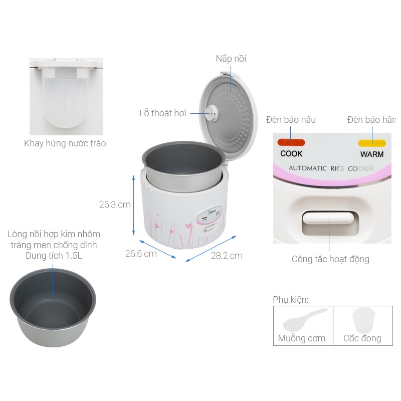 Nồi cơm mini nắp gài Midea 1.5 lít MR-CM1531, 700w