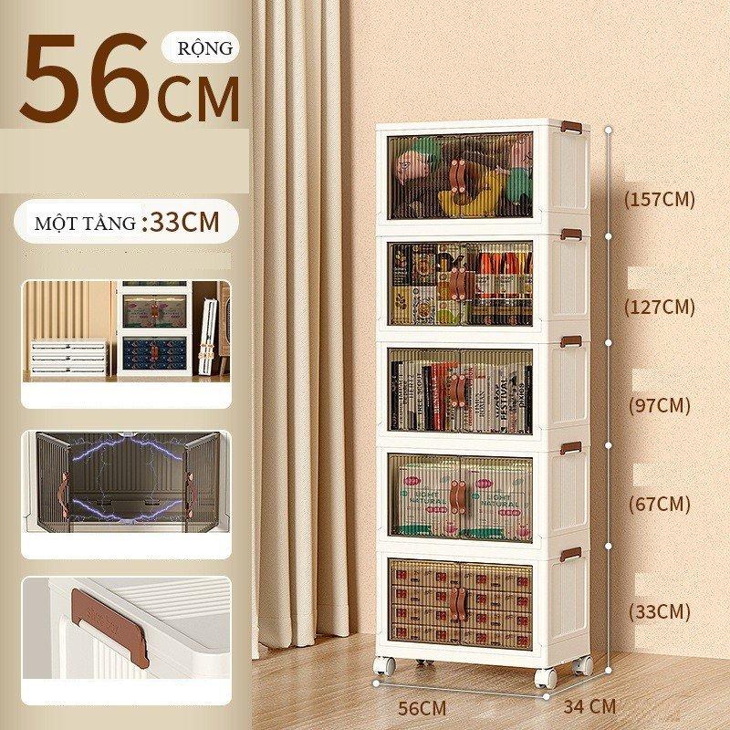 Tủ Nhựa đựng đồ đa năng, 3,4,5 tầng Gấp Gọn Có bánh xe 360° cửa mở bằng nam châm