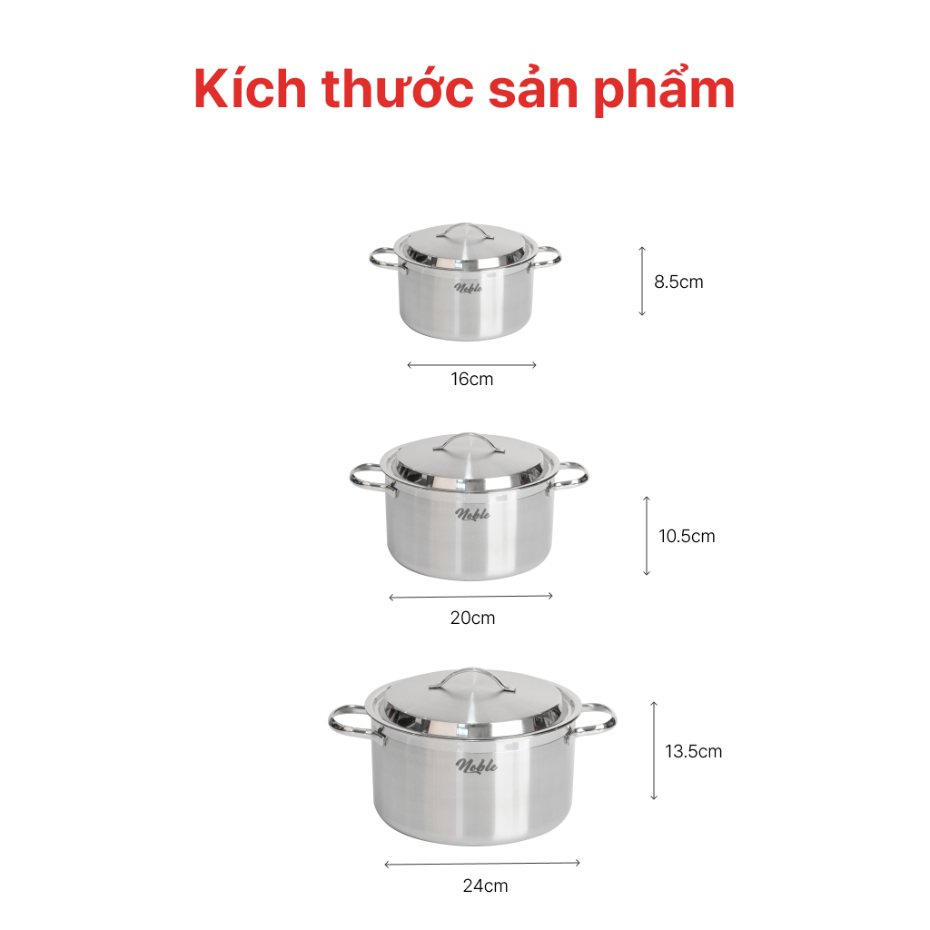 Bộ nồi Inox cao cấp 3 lớp đáy liền Noble, HAPPYCOOK Gia dụng Gia Thành
