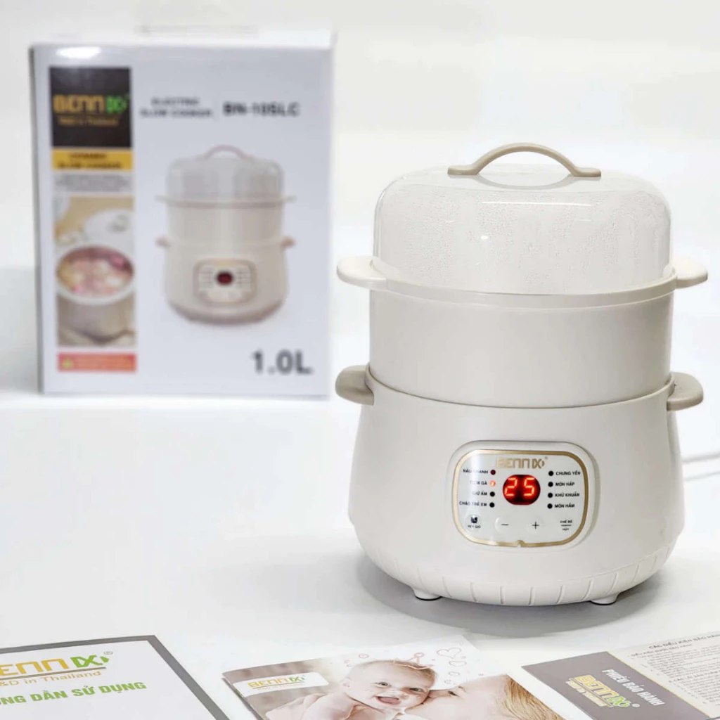 Nồi Nấu Cháo, Chưng Yến, Hầm Cách Thuỷ Bennix BN-10SLC dung tích 1 Lít Kèm Xửng Hấp